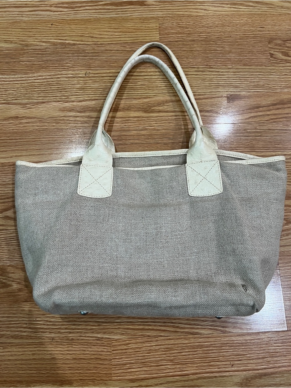 Helen Kaminski Beige Canvas Tote with Cream Ostrich Leather Trim